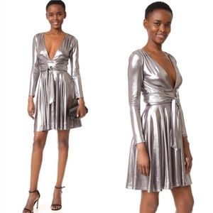 HALSTON HERITAGE Metallic Silver Plunge Neckline Mini Dress